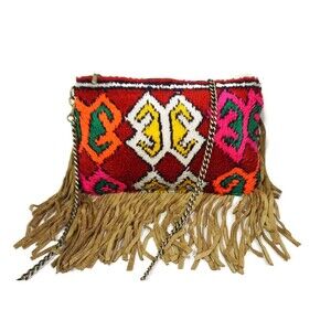 Moroccan Vintage Bag Suede Leather Fringe Clutch Kilim Rug